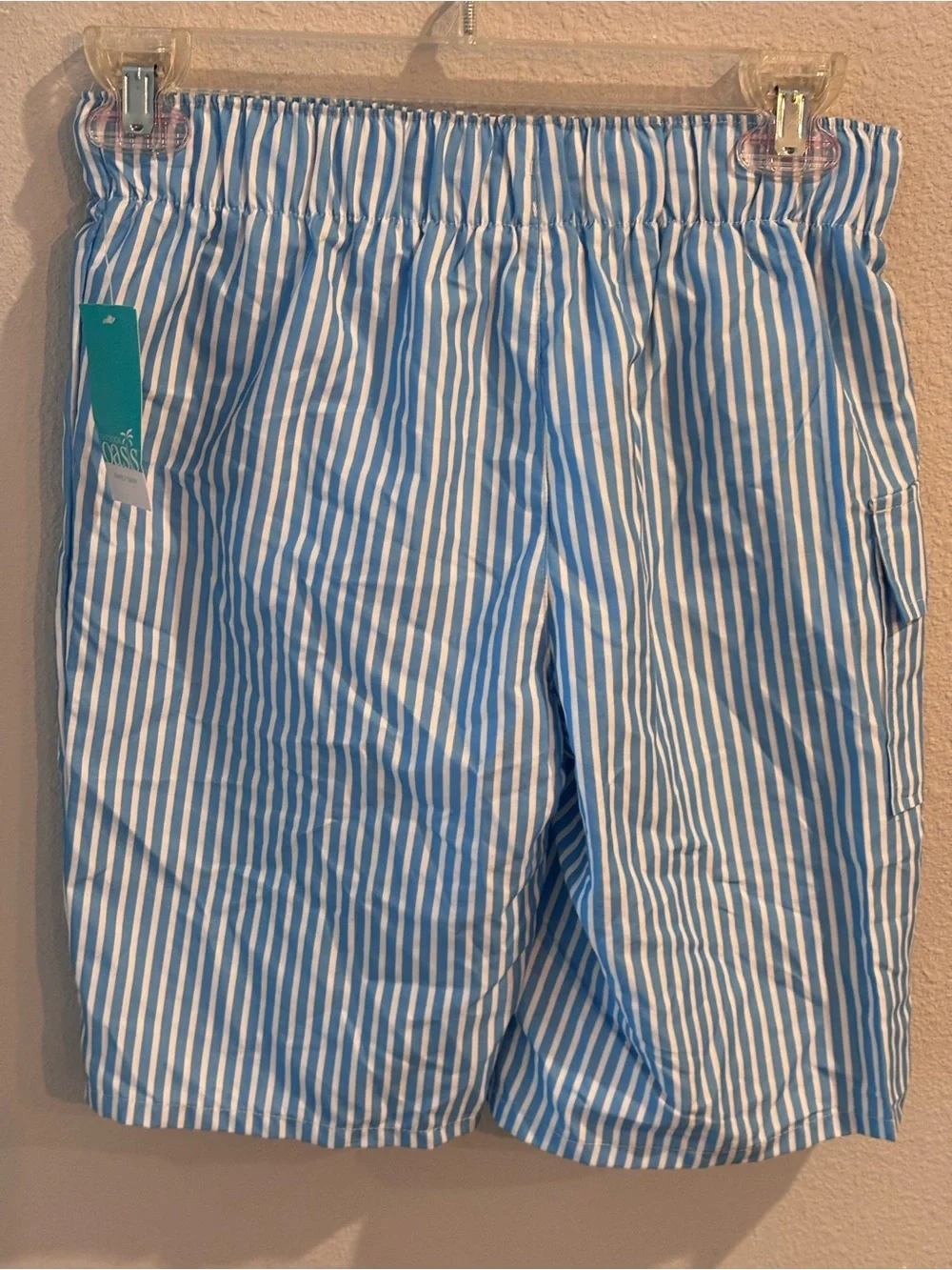 Outdoor Oasis Boys Blue & White Vertical Stripe Lined Swim Trunks, M 10/12, NWT